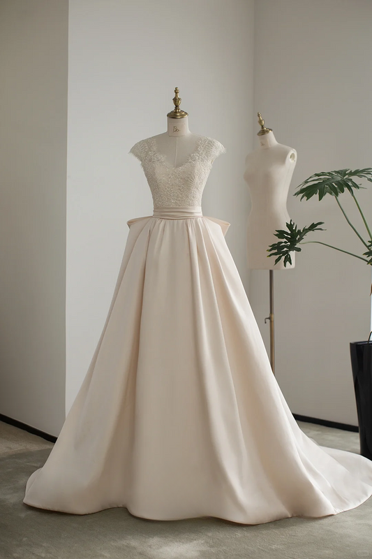 Unique Ball Gown V Neck Light Champagne Satin Lace Long Wedding Dress GG2990