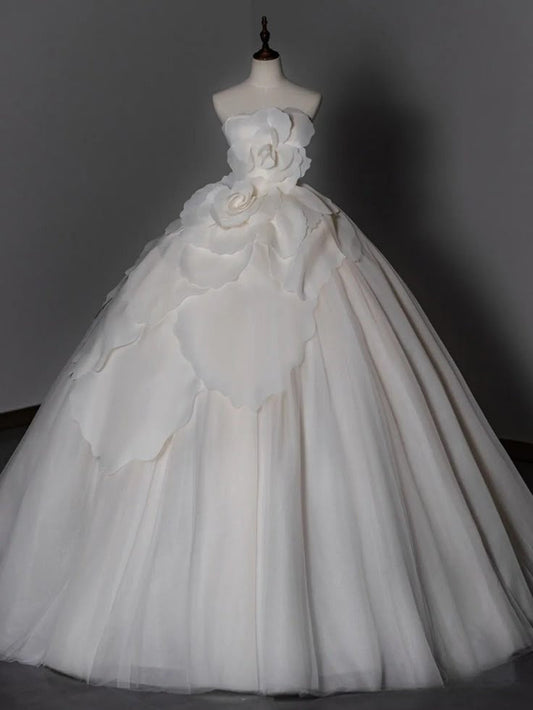 Pretty Ball Gown Strapless White Chiffon Tulle Flower Long Wedding Dress GG2996