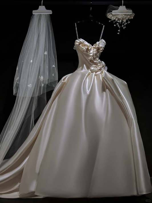 Vintage Ball Gown Spaghetti Straps Satin Flowers With Wedding Veil Long Wedding Dress GG3001