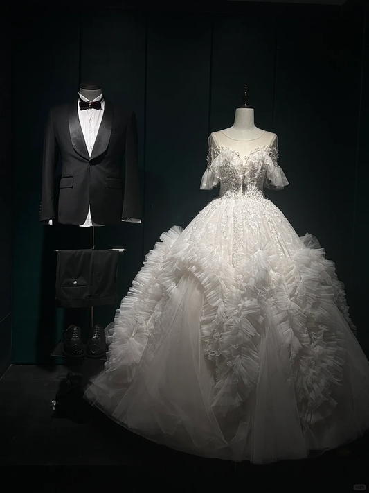 Timeless Ball Gown White Tulle Beaded With Short Sleeves Long Wedding Dress GG3002