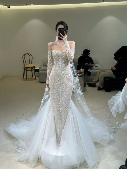 Dreamy Mermaid Off The Shoulder White Tulle Beaded Long Sleeves With Veil Long Wedding Dress GG3016
