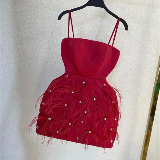 Red Mermaid Spaghetti Straps Satin Beads Feather Short Prom Dress,Homecoming Dress,Birthday Dress GG3500