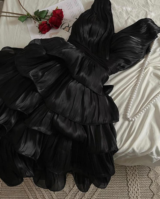 Black A Line Chiffon Tiered Short Prom Dress,Homecoming Dress,Birthday Dress GG3505