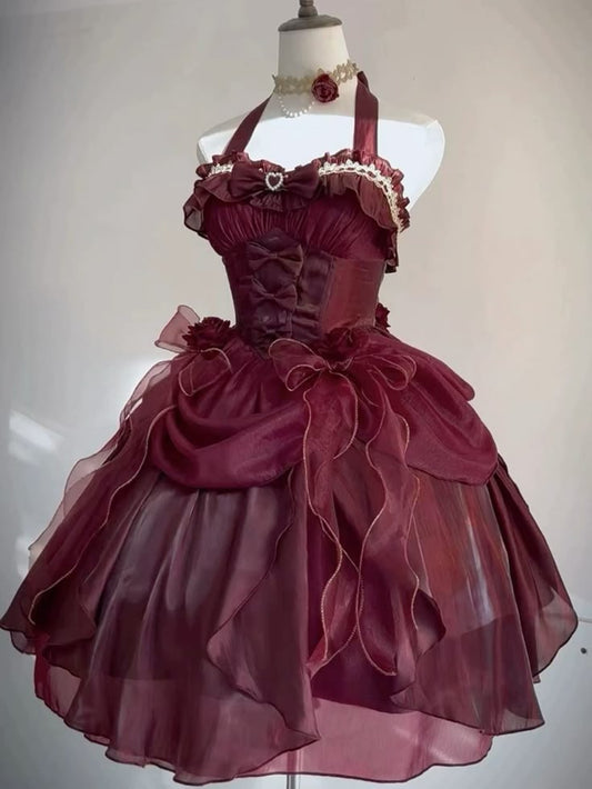 Burgundy Retro Ball Gown Halter Satin Chiffon Bow Short Prom Dress,Homecoming Dress,Birthday Dress GG3514