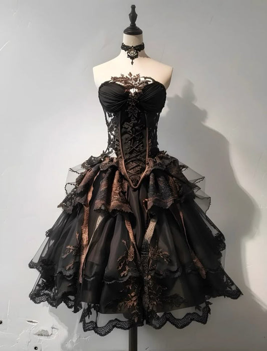 Retro Ball Gown Strapless Satin Lace Short Prom Dress,Homecoming Dress,Birthday Dress GG3519