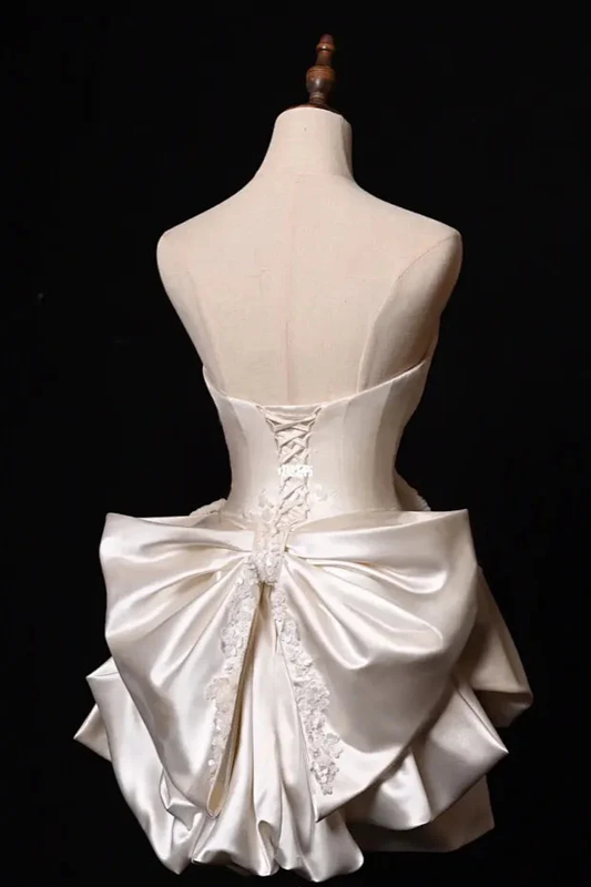 Princess A Line Strapless Satin Beads Bow Short Prom Dress,Homecoming Dress,Birthday Dress GG3529