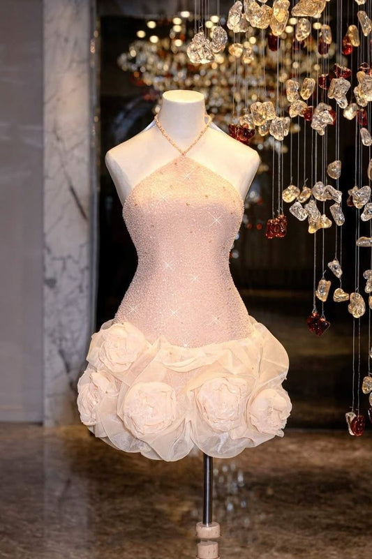 Cute Pink A Line Halter Satin Sequin Short Prom Dress,Homecoming Dress,16th Birthday Dress GG3550