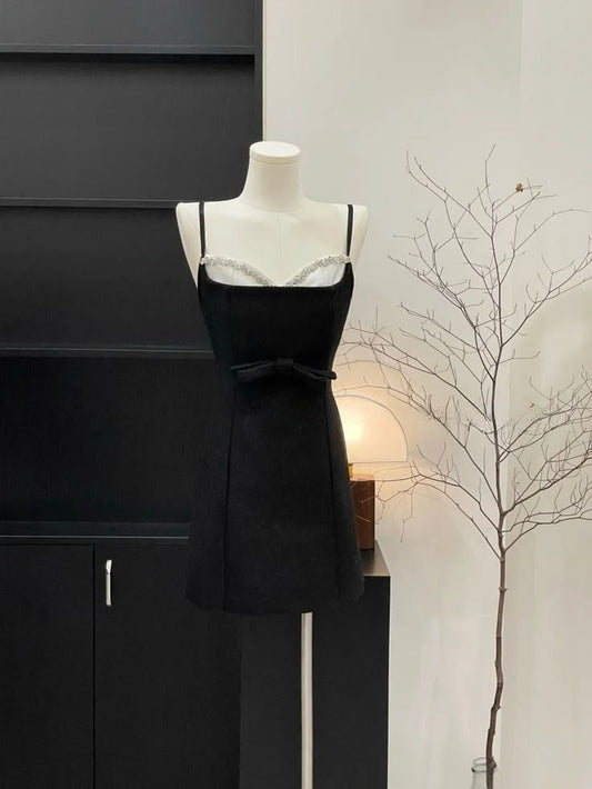 Pretty Black A Line Spaghetti Straps Satin Beads Short Prom Dress,Homecoming Dress,18th Birthday Dress GG3551