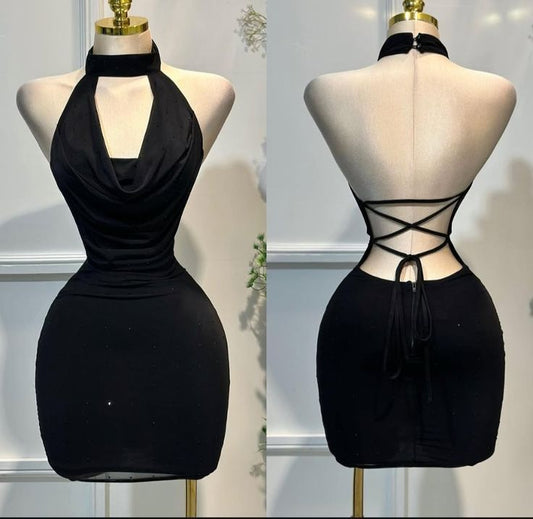 Black Mermaid Halter Satin Backless Short Prom Dress,Homecoming Dress,18th Birthday Dress GG3579