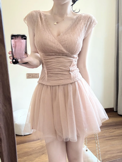 Fairy A Line V Neck Satin Tulle Short Prom Dress,Homecoming Dress,18th Birthday Dress GG3597