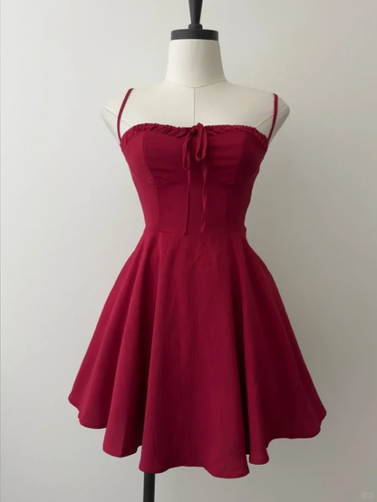 Cute Burgundy A Line Spaghetti Straps Satin Short Prom Dress,Homecoming Dress,16th Birthday Dress GG3622
