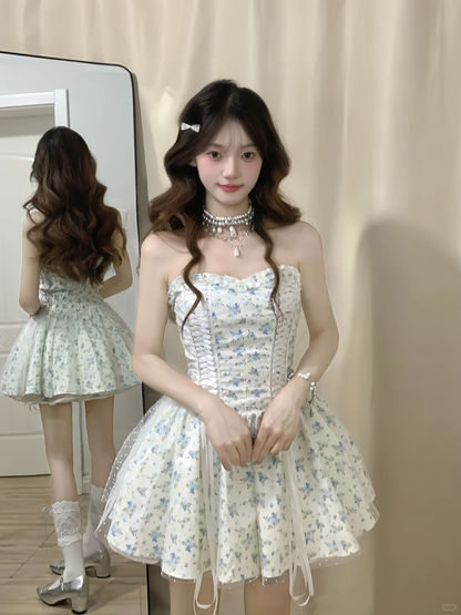 Pretty A Line Strapless Satin Printed Tulle Short Prom Dress,Homecoming Dress,16th Birthday Dress GG3631