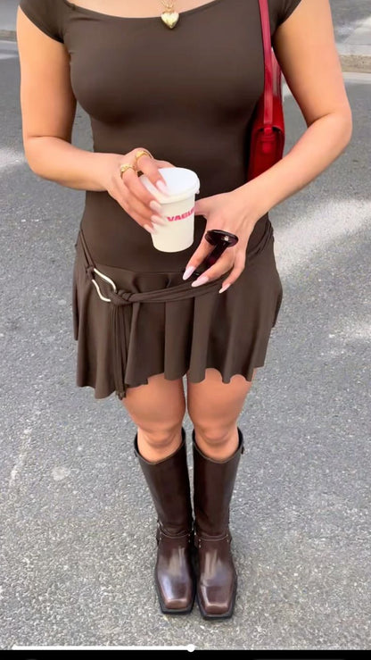 Brown A Line Off The Shoulder Satin Short Prom Dress,Homecoming Dress,18th Birthday Dress GG3635