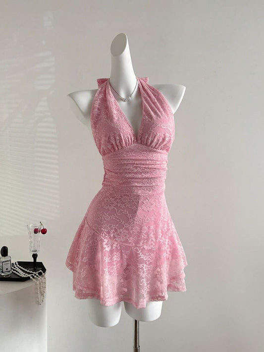 Sweet 16th Pink A Line Halter Satin Lace Short Homecoming Dress,Summer Dress GG3675