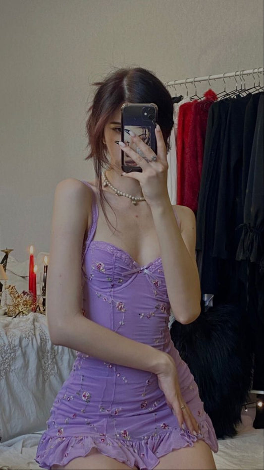 Lilac A Line Spaghetti Straps Satin Chiffon Applique Mini Short Homecoming Dress,Summer Dress GG3683