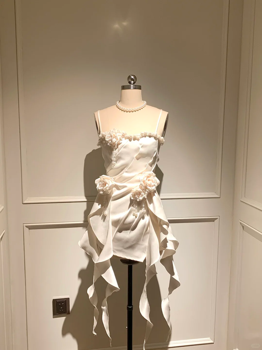 Impress A Line Sapghetti Straps Satin Beads Flower Ruffles Short Homecoming Dress,Summer Birthday Dress GG3696