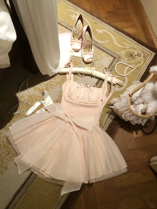 Sweet 17th Pink Ballet A Line Spaghetti Straps Satin Tulle With Bow Short Homecoming Dress,Summer Birthday Dress GG3699