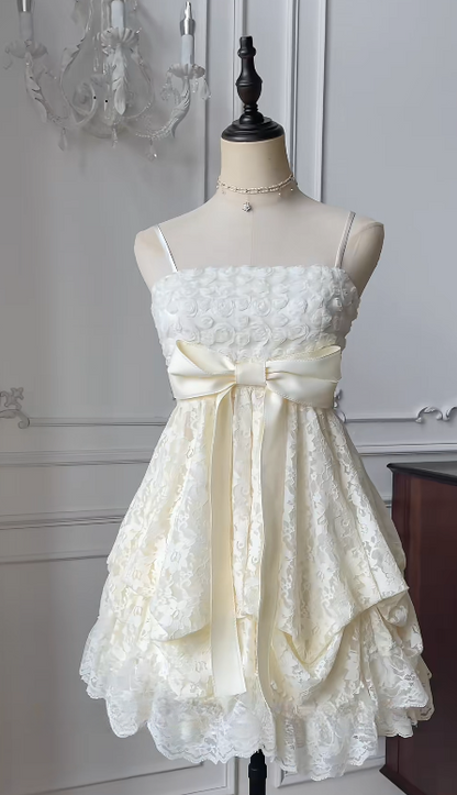 Cute A Line Spaghetti Straps Lace With Bow Short Homecoming Dress,Summer 15th Birthday Dress GG3735