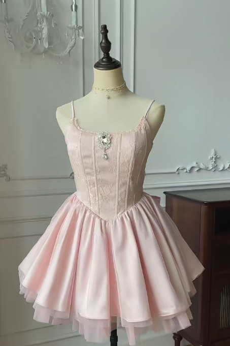 Pink A Line Spaghetti Straps Satin Tulle Back With Bow Short Homecoming Dress,Summer 15th Birthday Dress GG3736