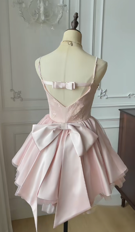 Pink A Line Spaghetti Straps Satin Tulle Back With Bow Short Homecoming Dress,Summer 15th Birthday Dress GG3736