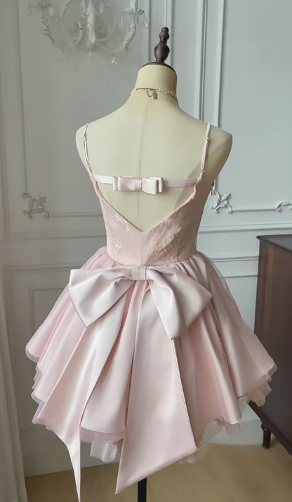 Pink A Line Spaghetti Straps Satin Tulle Back With Bow Short Homecoming Dress,Summer 15th Birthday Dress GG3736