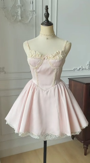 Sweet 17th Pink A Line Spaghetti Straps Satin Lace Short Homecoming Dress,Summer Birthday Dress GG3739