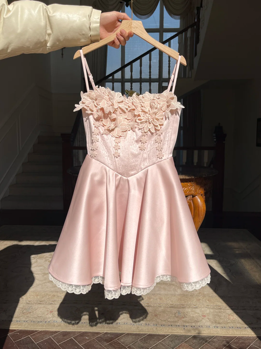 Sweet 16th Pink A Line Sapghetti Straps Satin Applique Short Homecoming Dress,Summer Birthday Dress GG3743