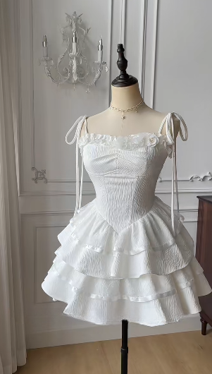 White 16th A Line Sapghetti Straps Satin Tiered Short Homecoming Dress,Summer Birthday Dress GG3744