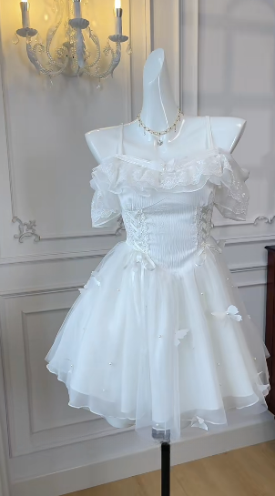 White 17th A Line Sapghetti Straps Satin Tulle Applique Short Homecoming Dress,Summer Birthday Dress GG3745