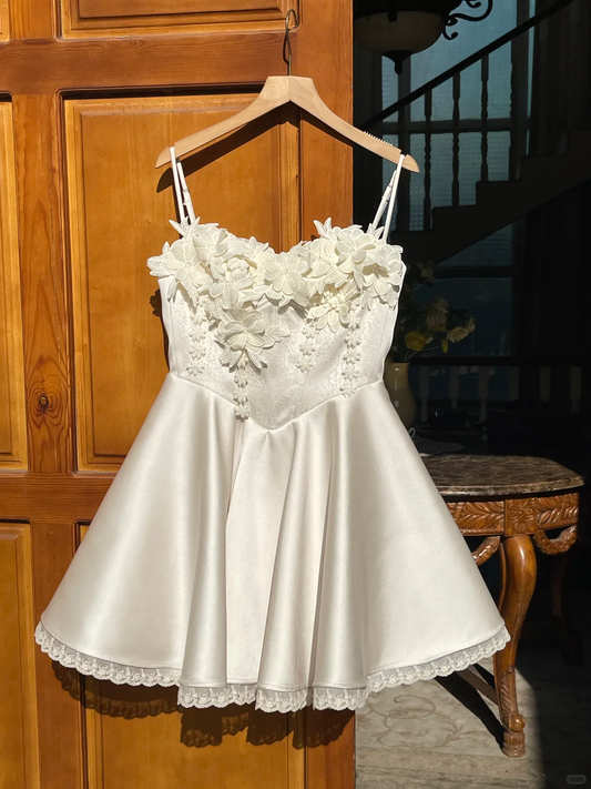 Elegant A Line Sapghetti Straps Satin  Applique Short Homecoming Dress,Summer Birthday Dress GG3748