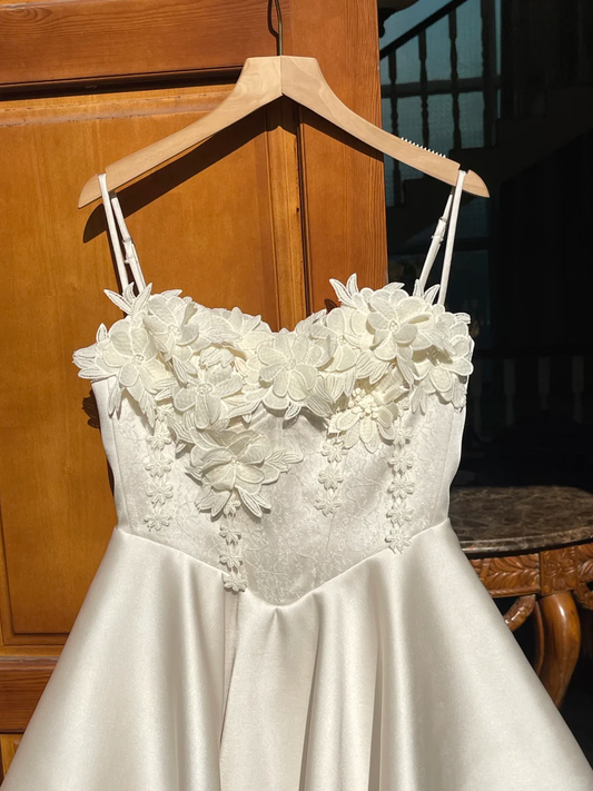 Elegant A Line Sapghetti Straps Satin  Applique Short Homecoming Dress,Summer Birthday Dress GG3748