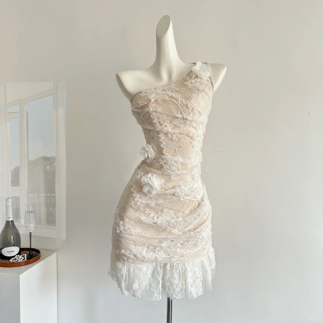 Ivory A Line One Shoulder Lace Applique Short Homecoming Dress,Summer 17th Birthday Dress GG3805