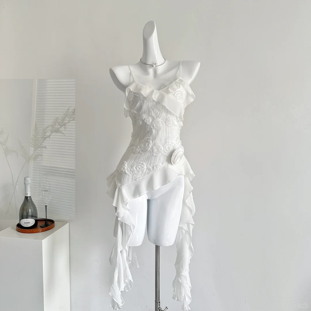 Sweet A Line Spaghetti Straps White Satin Chiffon Flower Ruffles Short Homecoming Dress,Summer 18th Birthday Dress GG3811