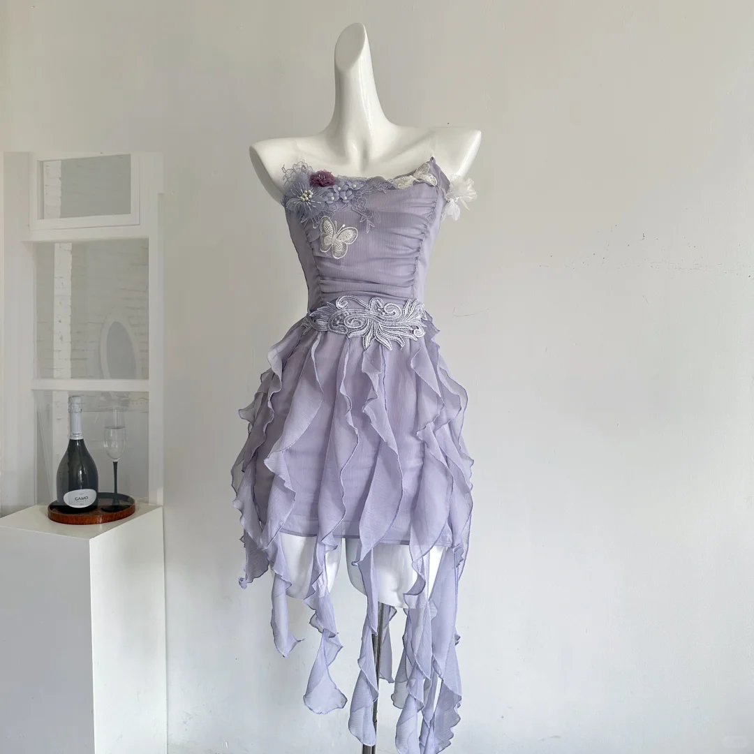 Lilac A Line Strapless Satin Chiffon Applique Ruffles Short Homecoming Dress,Summer 18th Birthday Dress GG3813