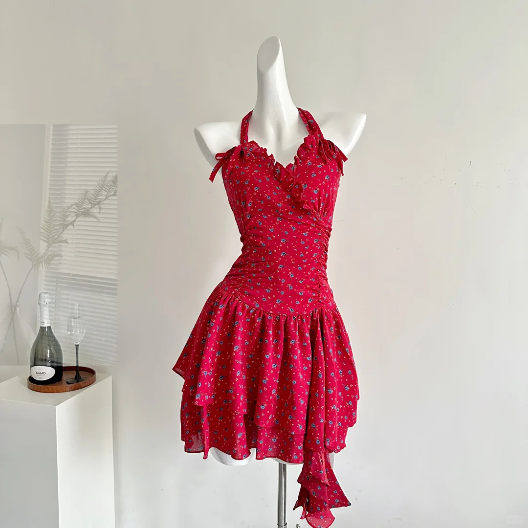 Unique A Line Halter Satin Printed Short Homecoming Dress,Summer 18th Birthday Dress GG3817