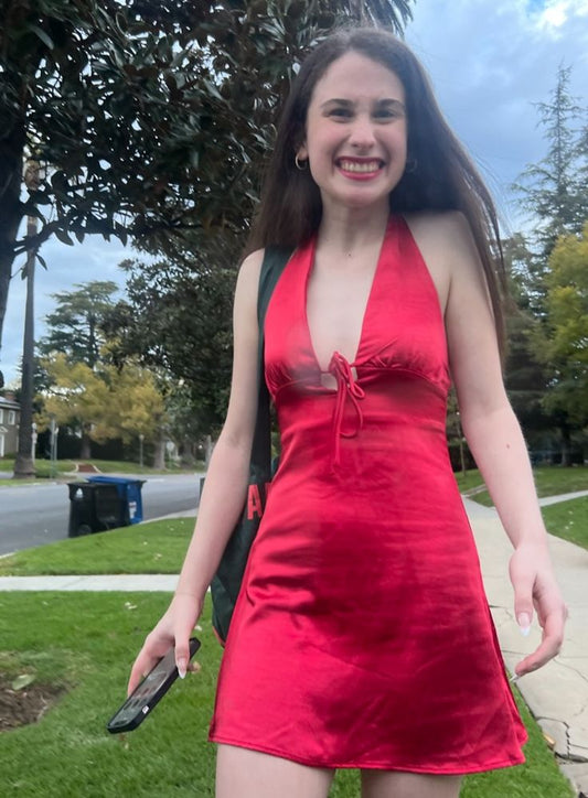 Red A Line Halter Satin Short Homecoming Dress,Summer 19th Birthday Dress GG3820