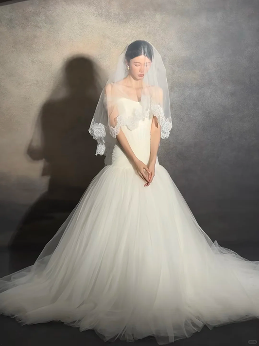 Dreamy Mermaid Strapless Ivory Tulle With Veil Long Wedding Dress GG3021