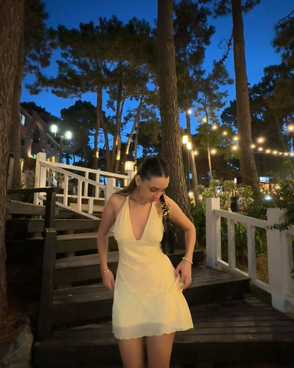 Pastel Yellow A Line Halter V Neck Chiffon Short Homecoming Dress,Summer 20th Birthday Dress GG3830