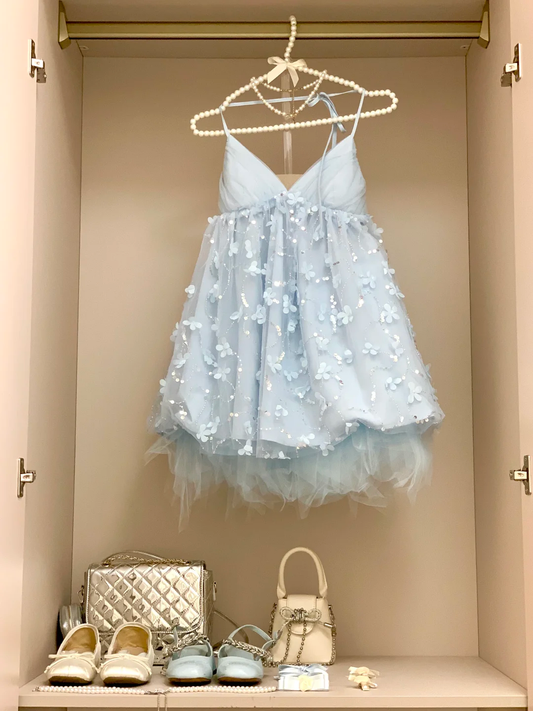 Pale Blue A Line Spaghetti Straps Tulle Applique Short Homecoming Dress,Summer 17th Birthday Dress GG3895