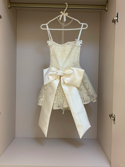 Sweet A Line Spaghetti Straps Lace Beads With Bow Short Homecoming Dress,Summer 18th Birthday Dress GG3902