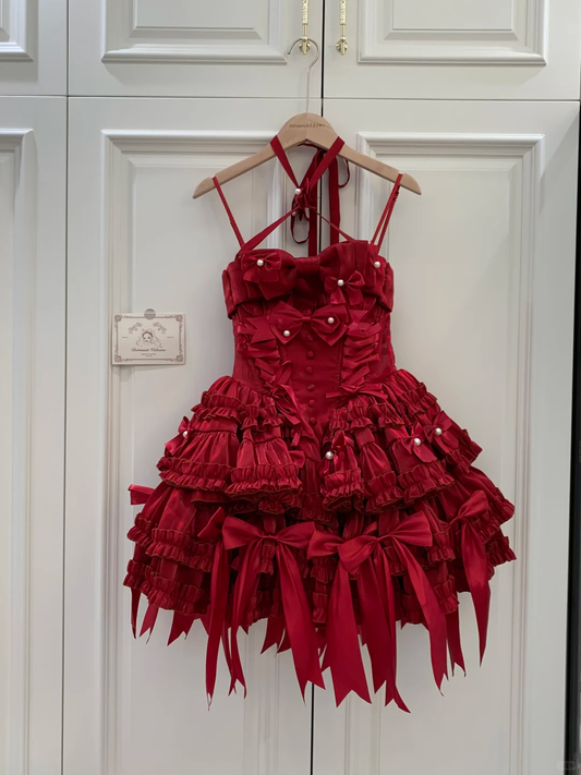 Red Ball Gown Spaghetti Straps Satin Beads With Bow Short Homecoming Dress,Summer 18th Birthday Dress GG3903