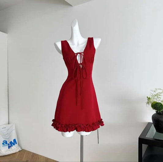 Elegant A Line V Neck Red Satin Short Homecoming Dress,Summer 18th Birthday Dress GG3934