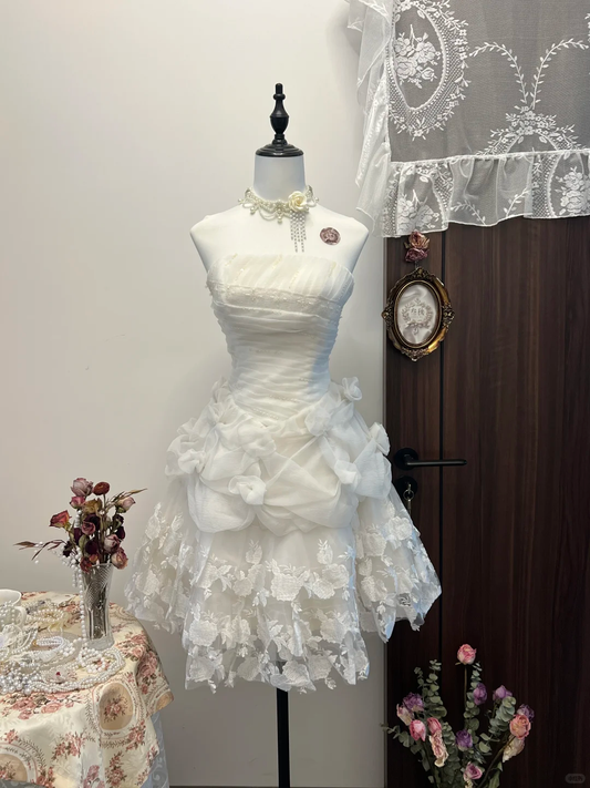 Pretty A Line Strapless Satin Lace Beads Short Homecoming Dress,Summer 16th Birthday Dress GG3939