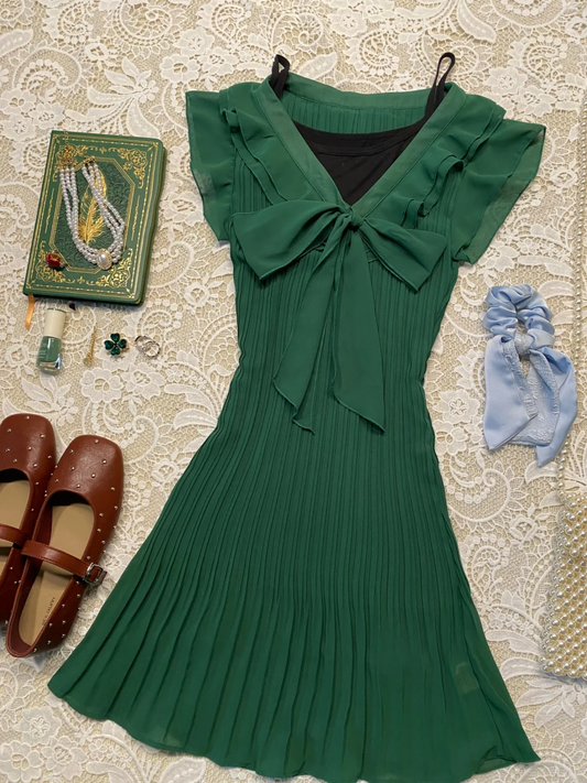 Dark Green A Line V Neck Satin Chiffon Pleated Bow Short Homecoming Dress,Summer 17th Birthday Dress GG4073