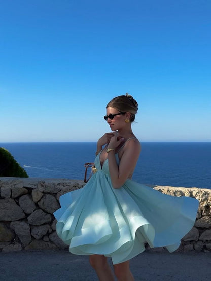 Pretty A Line Spaghetti Straps Satin Backless Short Homecoming Dress,Summer 18th Birthday Dress GG4107