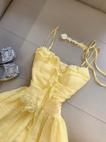 Yellow A Line Spaghetti Straps Satin Chiffon Short Homecoming Dress,Summer 17th Birthday Dress GG4114