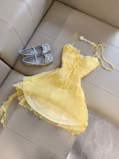 Yellow A Line Spaghetti Straps Satin Chiffon Short Homecoming Dress,Summer 17th Birthday Dress GG4114
