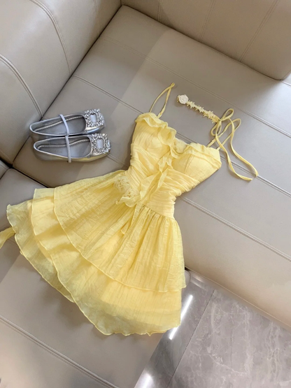 Yellow A Line Spaghetti Straps Satin Chiffon Short Homecoming Dress,Summer 17th Birthday Dress GG4114