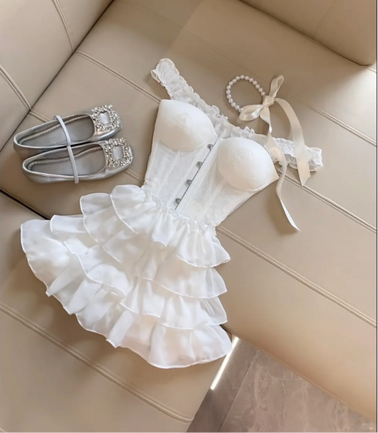 White A Line Off The Shoulder Satin Chiffon Tiered Short Homecoming Dress,Summer 17th Birthday Dress GG4115