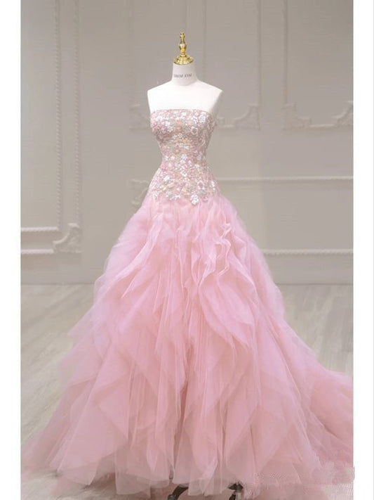 Luxurious A Line Strapless Pink Tulle Applique Long Prom Dress,Party Dress,Evening Dress GG888